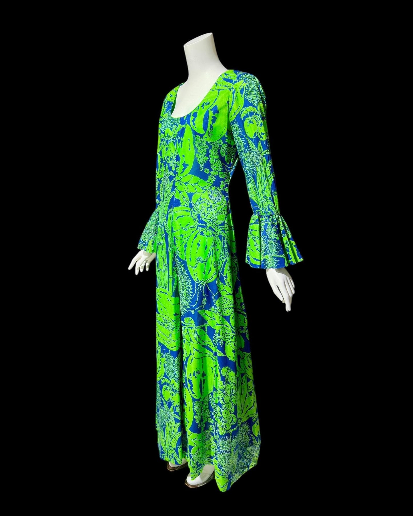 DESIGN THAI BANGKOK, vintage 1960s maxi party dress, Kelly Green and blue floral cotton dress