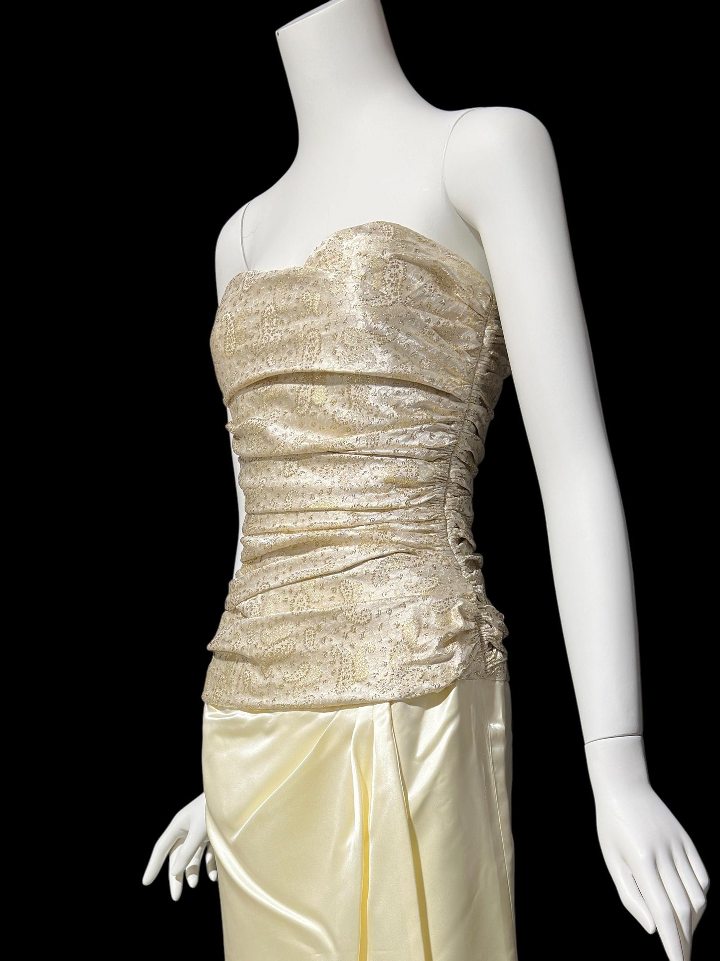 1950s vintage evening dress, Very Marilyn Monroe, Creamy satin with Gold metallic, faux wrap skirt ruched bodice