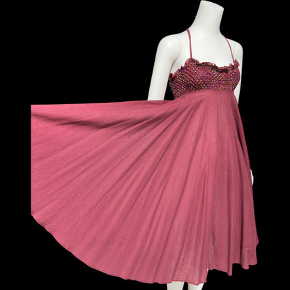 GUNN TRIGERE, vintage 1970s sundress, smocked and beaded cotton trapeze day dress, Hippie Boho beachwear