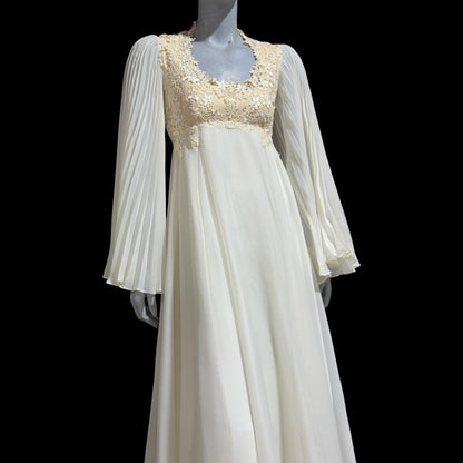 1970s vintage Wedding dress gown, White pleated bell sleeve gown, Hippie Bohemian dress