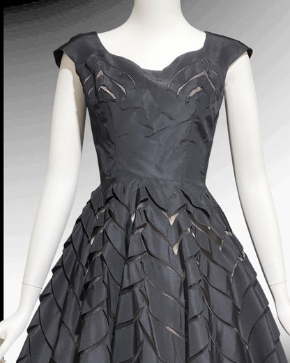 OLDRIC ROYCE, vintage 1950s dress, black cutout fit and flare cocktail party evening dress