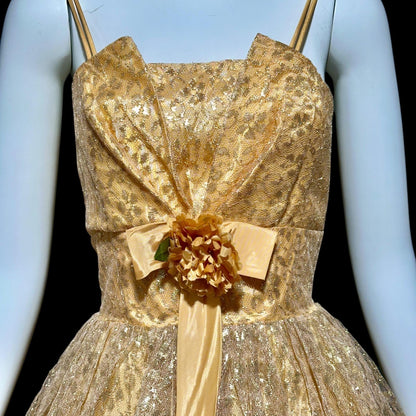 1950s vintage party dress, Peachy Copper sparkly metallic net tulle cocktail evening dress