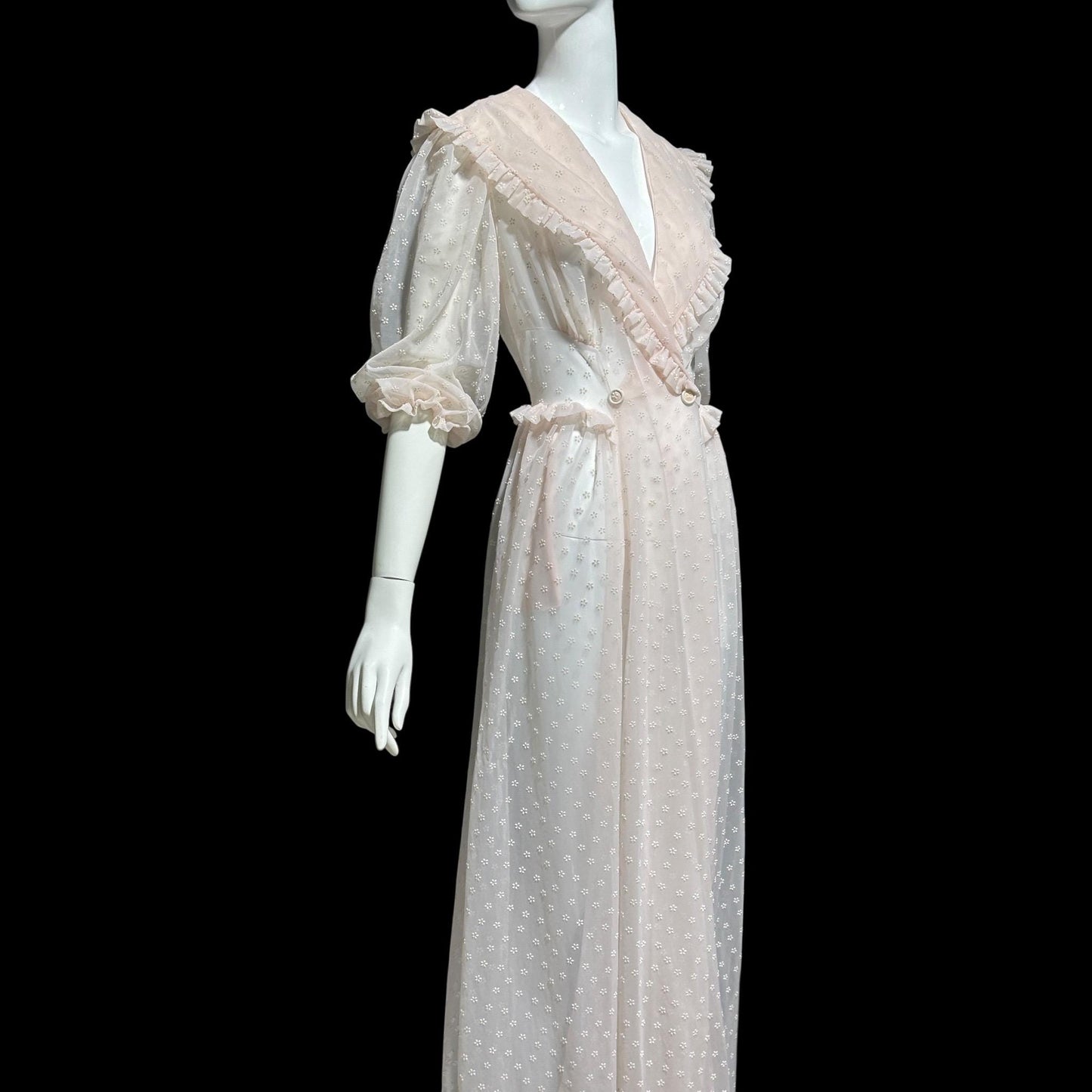 VANITY FAIR, 1940s Sheer Dressing Gown: Vintage Pink Flocked Robe, Wrap front