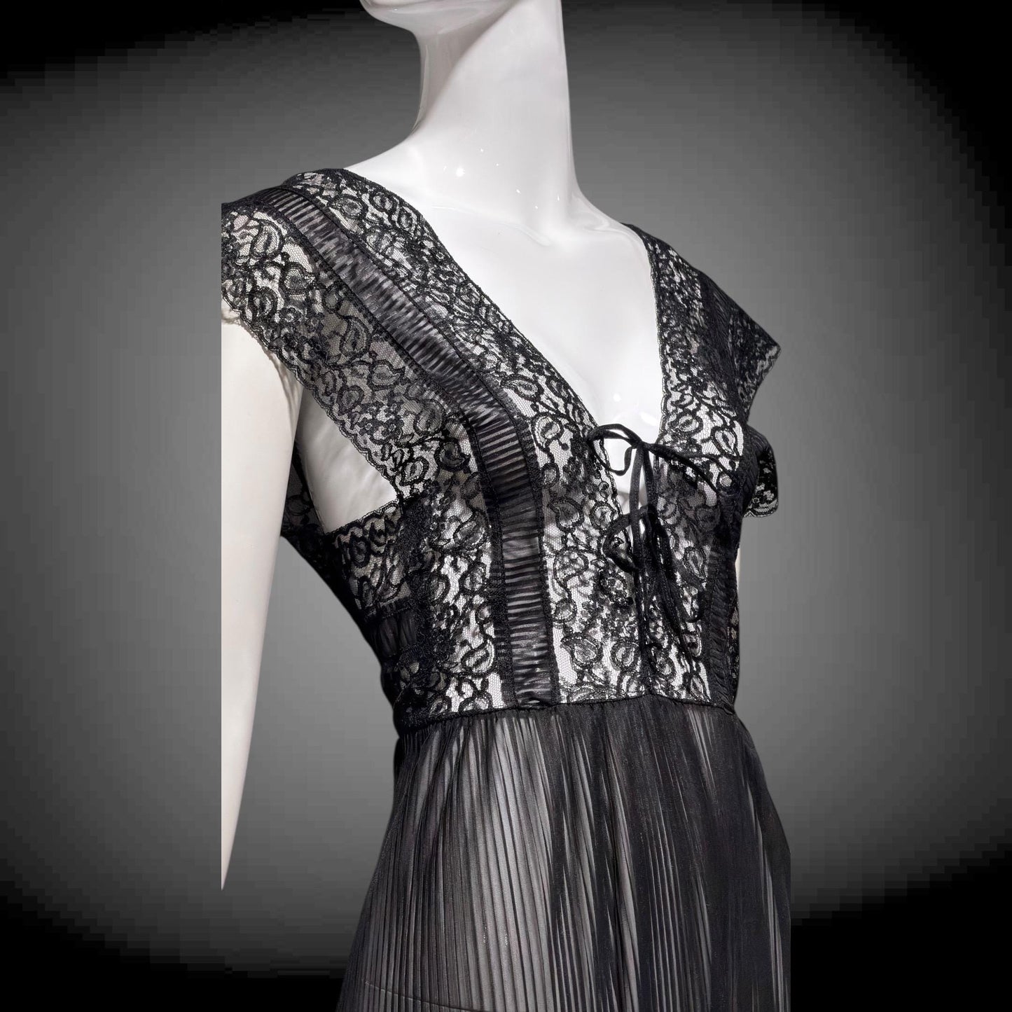 MYRA JOY Vintage 1950s Nightgown Lingerie Dress: Sheer Black Nylon Lace Slip Dress