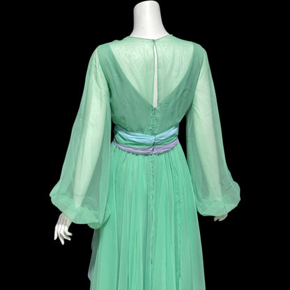 HELEN ROSE, vintage 1970s evening dress, ethereal pastel chiffon green, blue, lavender, sheer chiffon blouson bishop sleeves dress