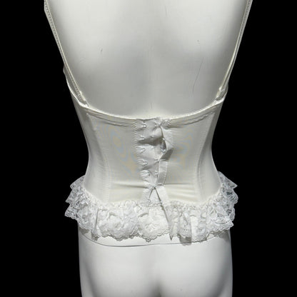 SABRINA, Vintage 1970s pink satin bustier, pink embossed satin with white lace