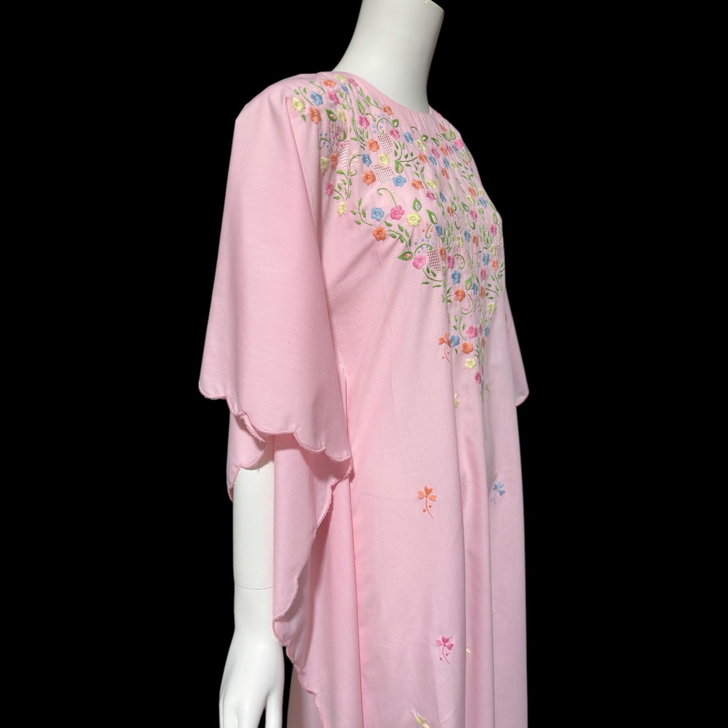 1970s vintage caftan dress, baby pink cotton, embroidered field of flowers, floral and cutwork Kaftan