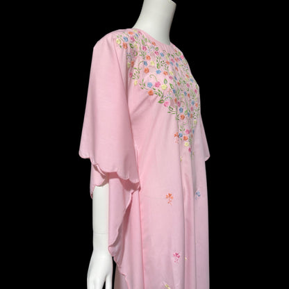 1970s vintage caftan dress, baby pink cotton, embroidered field of flowers, floral and cutwork Kaftan