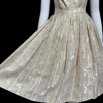 ADORE by Doreen, vintage 1950s dress, shimmering damask cocktail party dress, fit flare pleated dress
