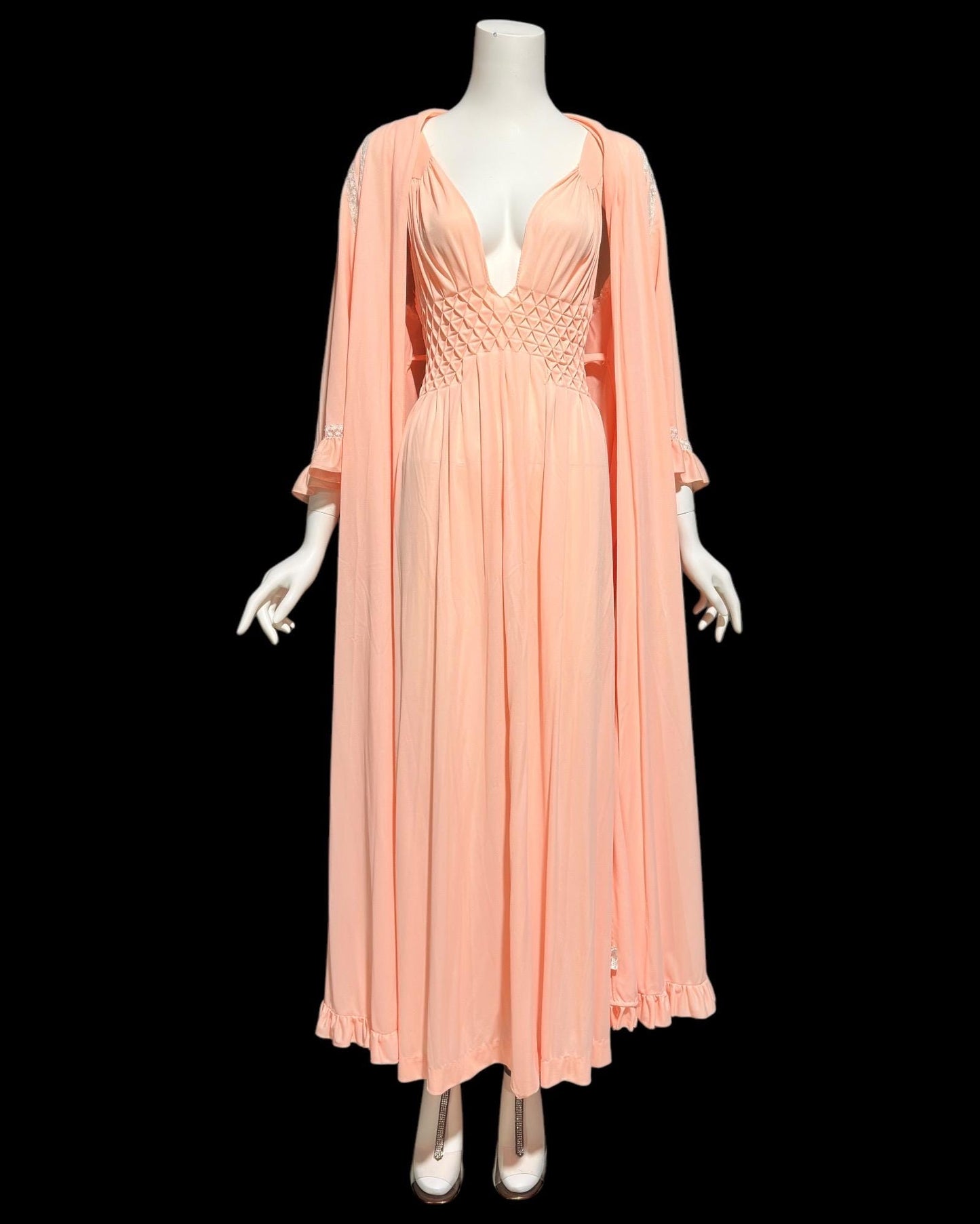 BLANCH by Ralph Montenero, Lord & Taylor, 1960s vintage peachy pink nightgown slip dress and dressing gown,   peignoir set