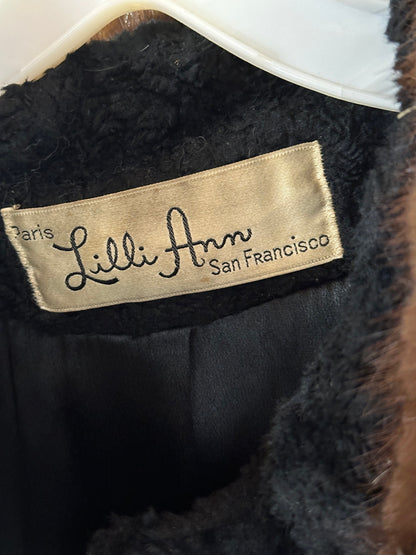 LILLI ANN 1950s vintage swing coat, Black boucle evening swing coat with mink collar
