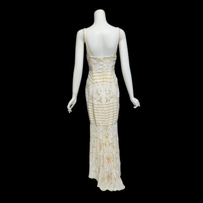 EVA HAYNAL FORSYTH, Vintage 1990s evening wedding dress, off white beaded sequins mermaid sheath slip dress gown