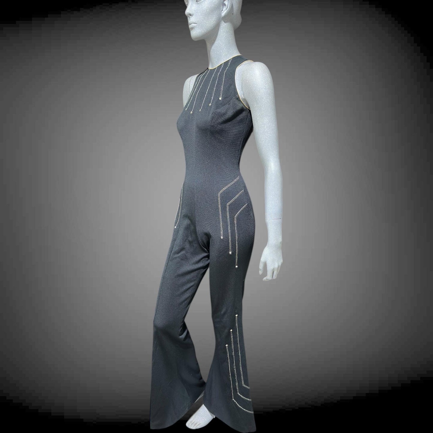 ESTIVO vintage 1970s bell bottom jumpsuit, black poly knit disco jumpsuit, embroidery & rhinestones
