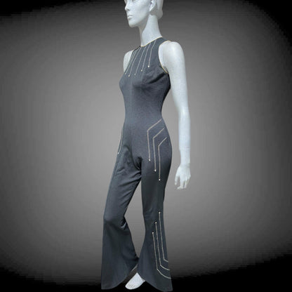 ESTIVO vintage 1970s bell bottom jumpsuit, black poly knit disco jumpsuit, embroidery & rhinestones