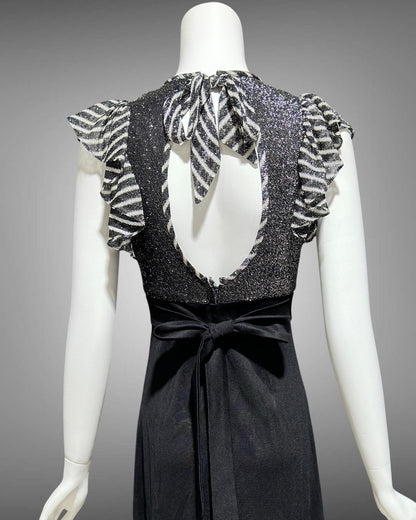 YOUNG INNOCENT by ARPEJA, 1970s vintage black jersey knit & lurex long dress