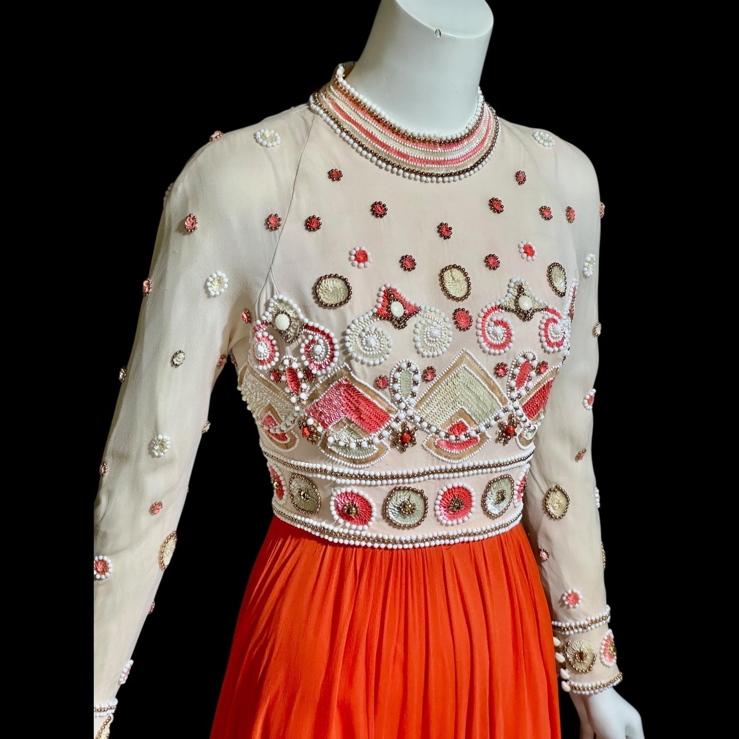 DARNELL OF LONDON, vintage 1960s evening dress, Orange beaded chiffon gown