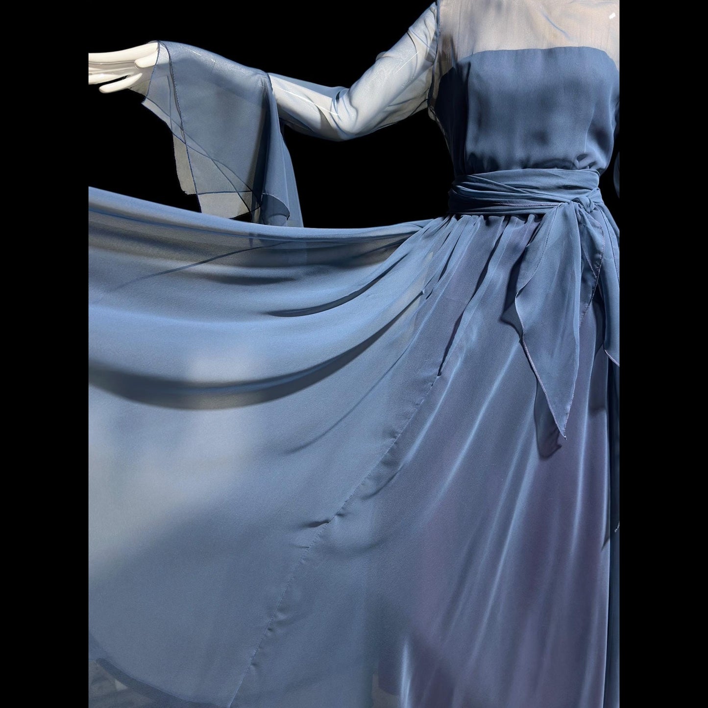 KIKI HART vintage 1960s evening dress, dusty blue poly chiffon gown, Scarf Sleeves