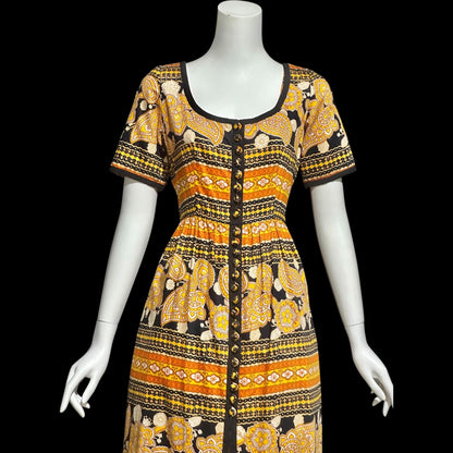 OSCAR de la RENTA, vintage 1960s day dress, Orange and Black Paisley and floral cotton dress