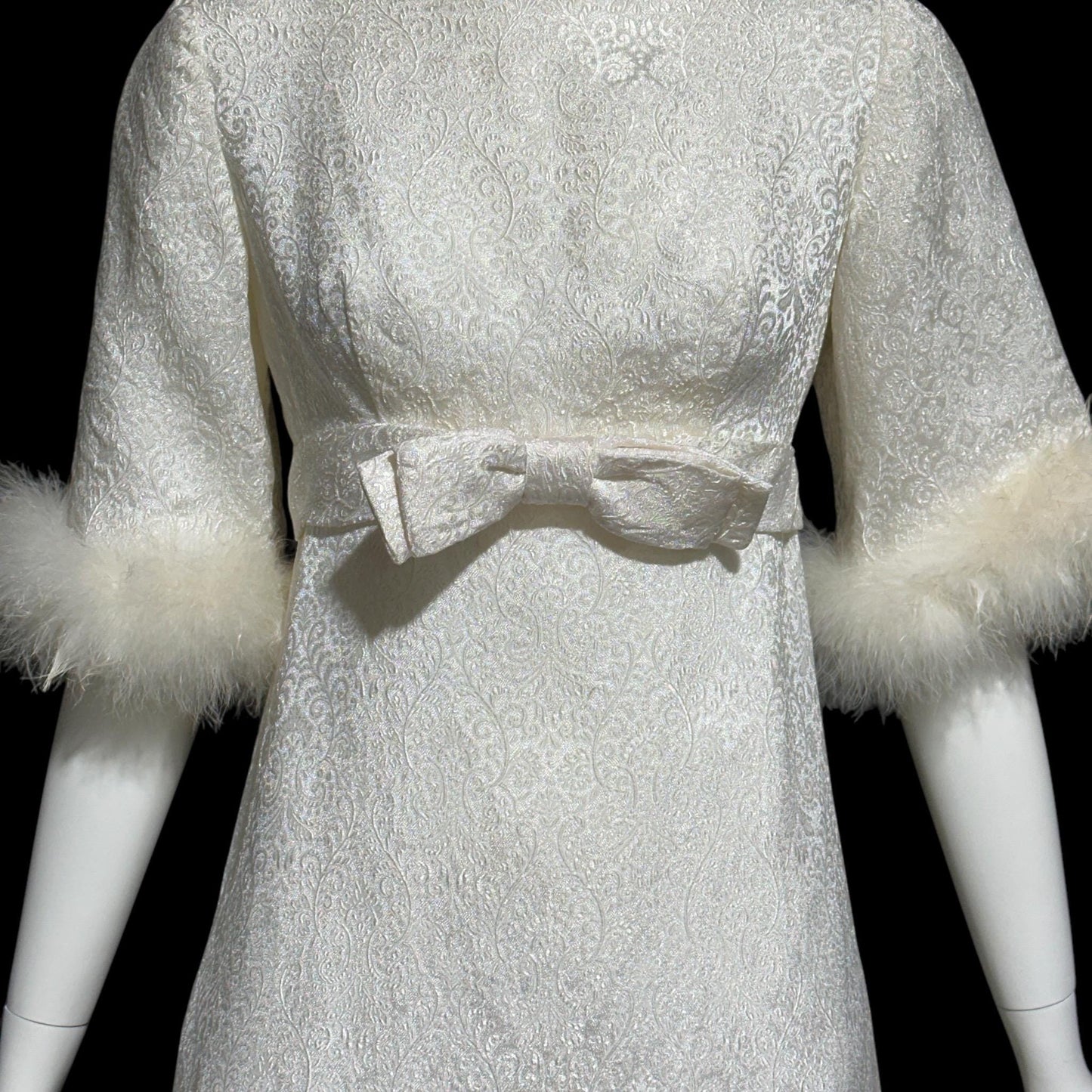 1960s vintage wedding dress gown, shimmering pearly white damask & marabou feathers bridal evening dress