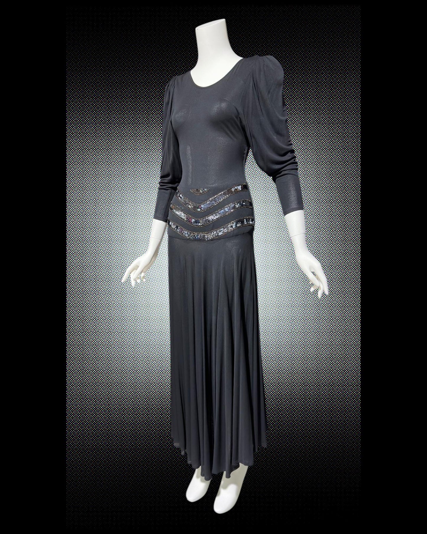 SAKS FIFTH AVENUE Made in England, 1970s evening dress, black jersey knit and sequins, 40s style dress