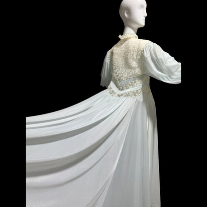 1930s Vintage nightgown robe set, sheer and ethereal blue nylon and white lace slip dress and peignoir set
