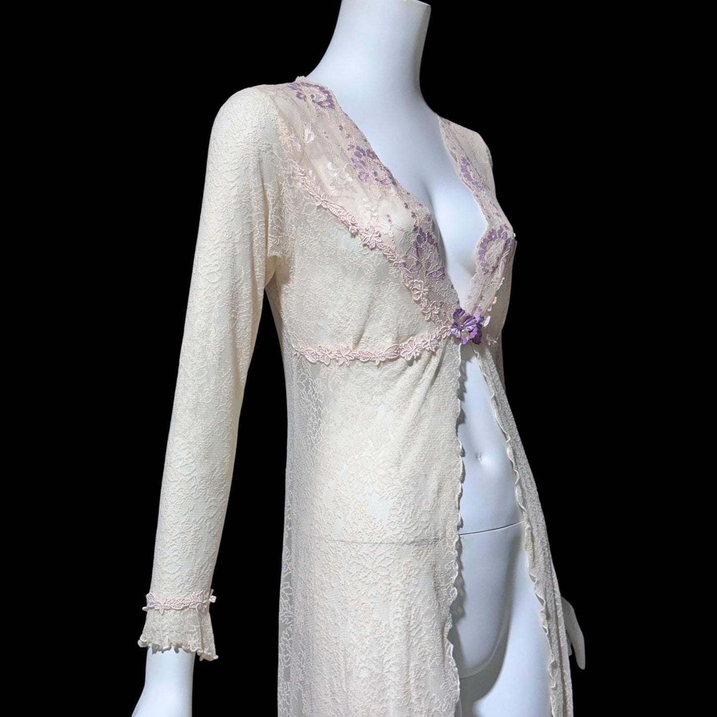 CLAIRE PETTIBONE, wedding coat robe, sheer nylon lace high low dressing gown