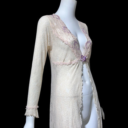 CLAIRE PETTIBONE, wedding coat robe, sheer nylon lace high low dressing gown
