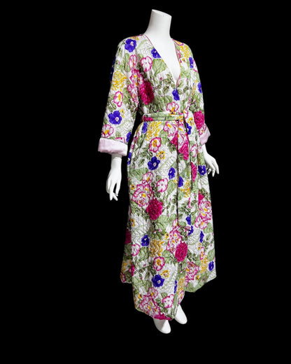 MARY MCFADDEN vintage quilted floral robe, 1980s bold flowers wrap front full length long robe, medium