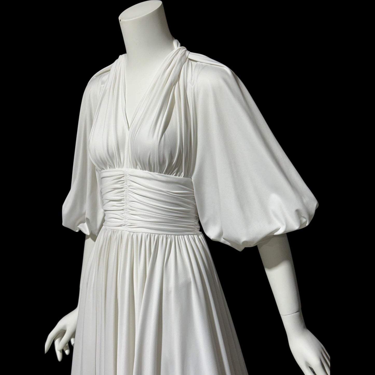 JACK HARTLEY, vintage 1970s evening gown dress, white jersey summer party dress