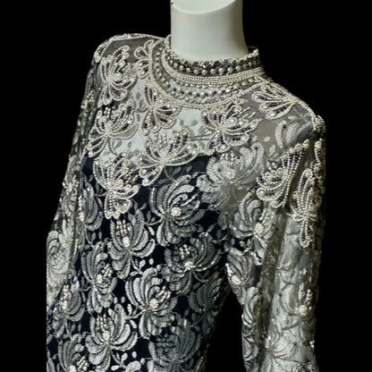 JUDITH ANN, Vintage 1980s sheer beaded dress, Black sheer mesh with beads, Hight neck with ruffle sheath cocktail party dress