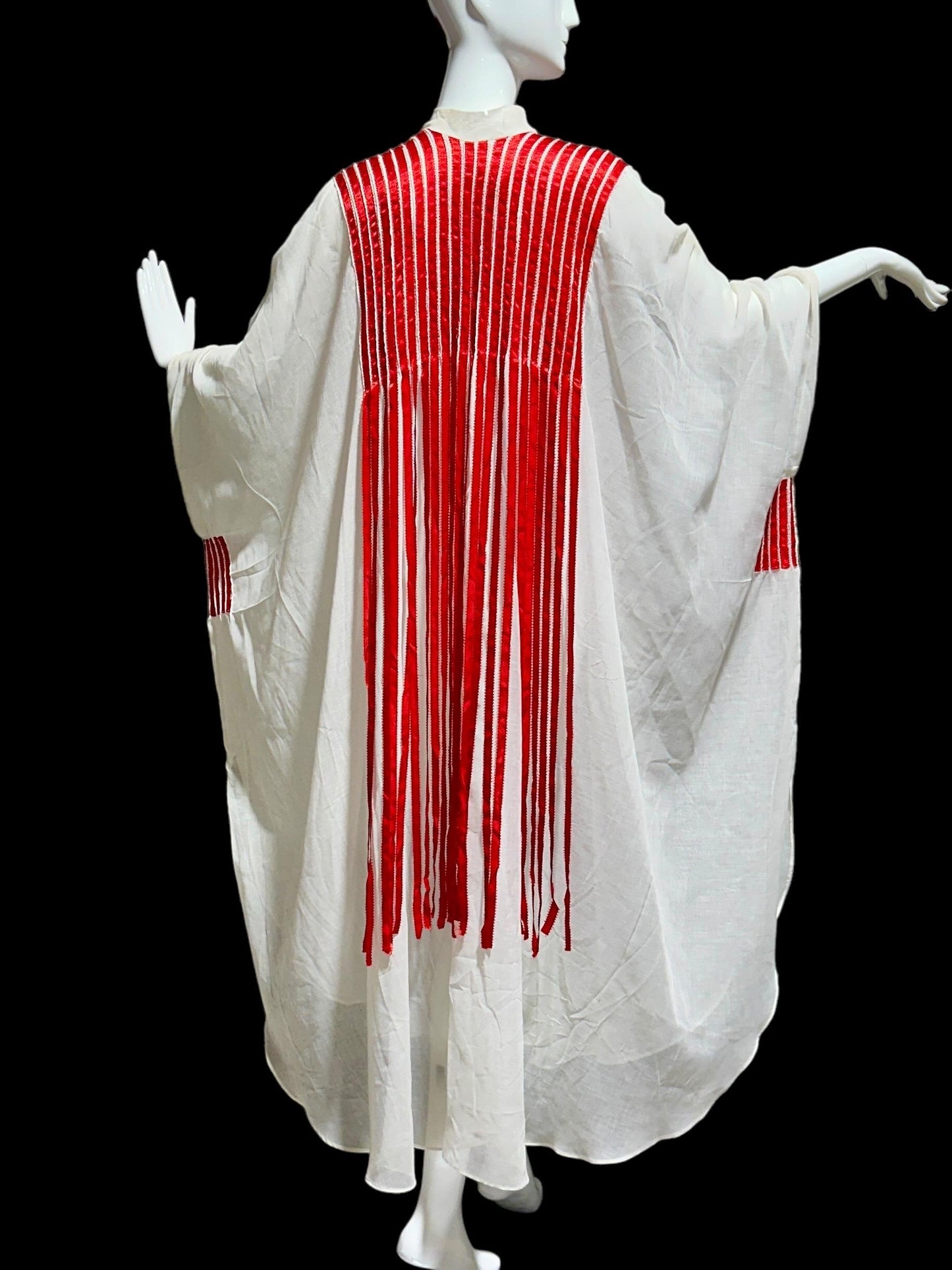 1970s Vintage white gauze caftan dress, Sheer breezy fabric with streaming red ribbons