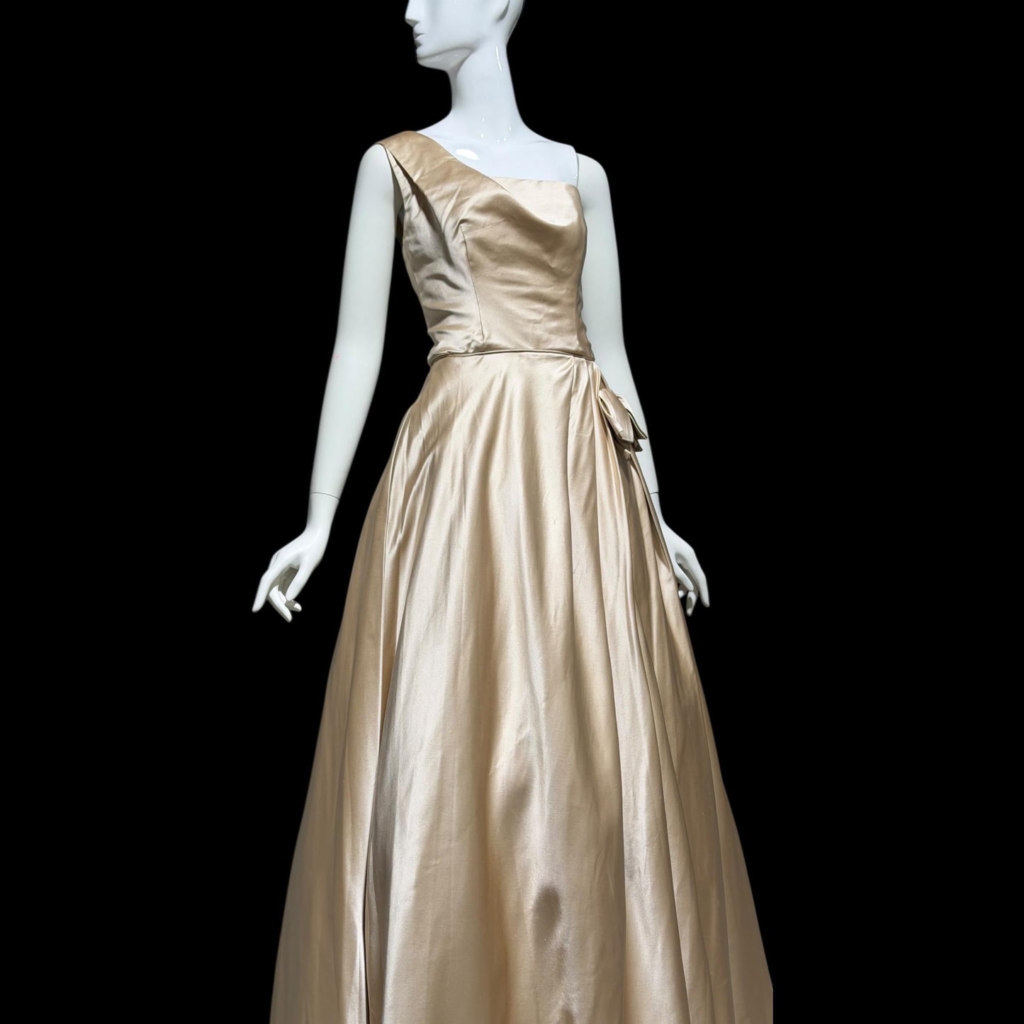 NAN DUSKIN vintage Evening Dress Ball Gown: 1940s Almond Taupe All Silk one shoulder gown
