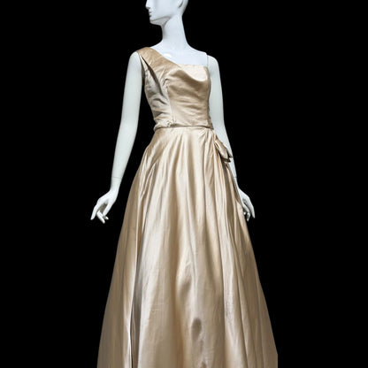 NAN DUSKIN vintage Evening Dress Ball Gown: 1940s Almond Taupe All Silk one shoulder gown