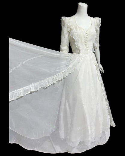 1940s vintage evening dress, White mesh ruffle wedding prom dress with full skirt