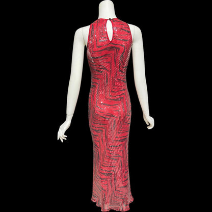 CHETTA B, vintage 1990s evening dress, Bias cut Bodycon red black tiger stripe print sheath slip maxi silk sequin gown