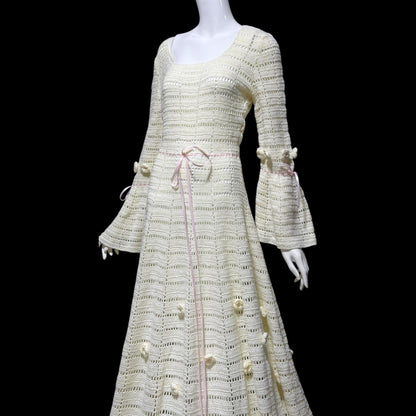 1970s Vintage evening wedding Dress: Hand crochet Mexican style Bohemian Gown - STRETCHY Large