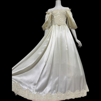 1960s vintage wedding dress, Off shoulder Juliet style bridal gown