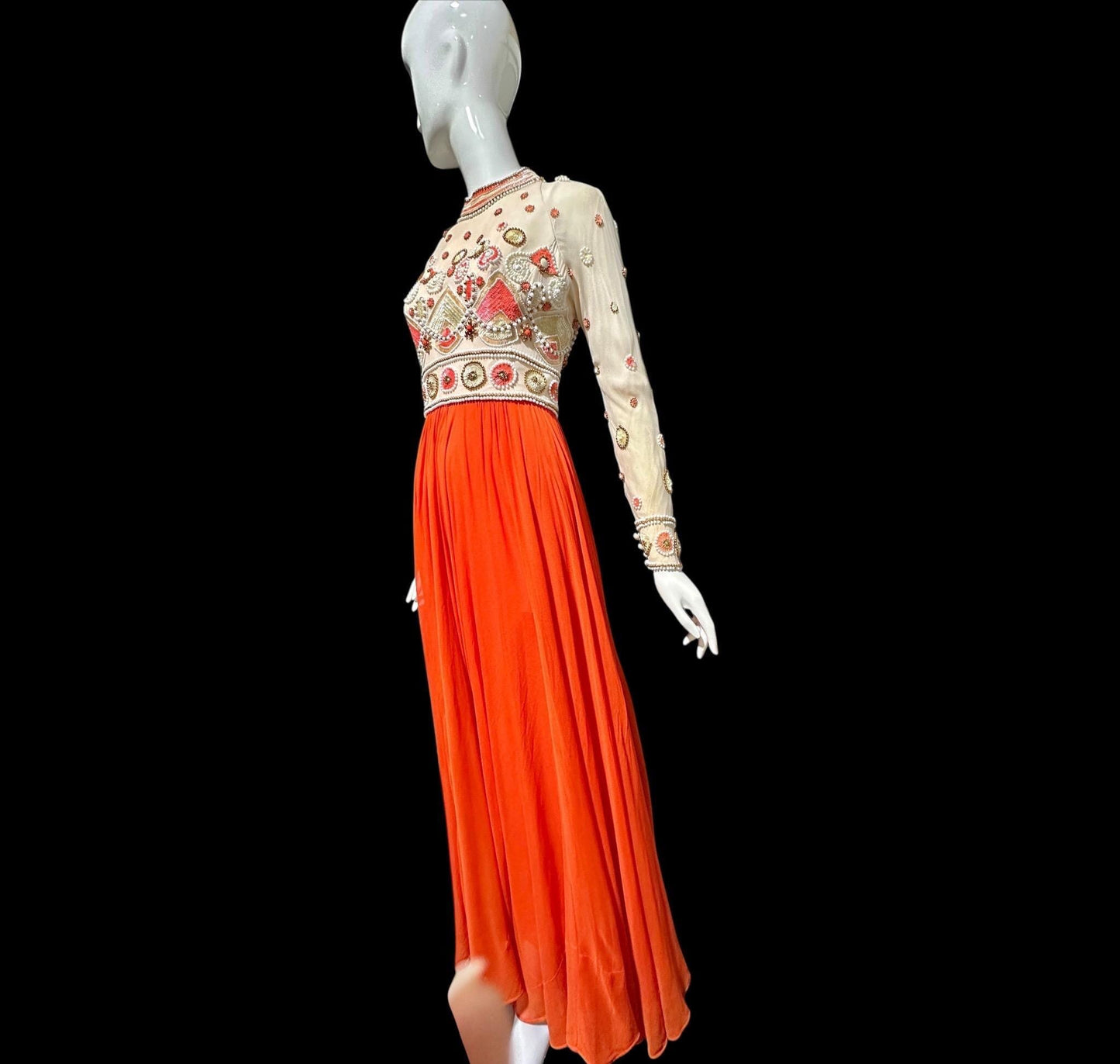 DARNELL of LONDON, vintage 1970s evening gown, Designer Beaded Orange Chiffon formal dress