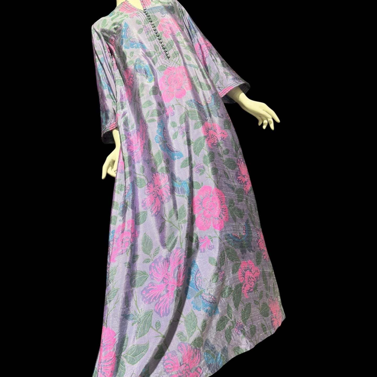 JIM THOMPSON, vintage 1960s Thai Silk caftan maxi dress, dusty blue flowers butterflies Hippie Boho Kaftan