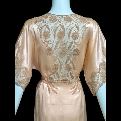 1930s vintage dressing gown robe, Shimmering Peach silk with amazing lace, wrap front house coat