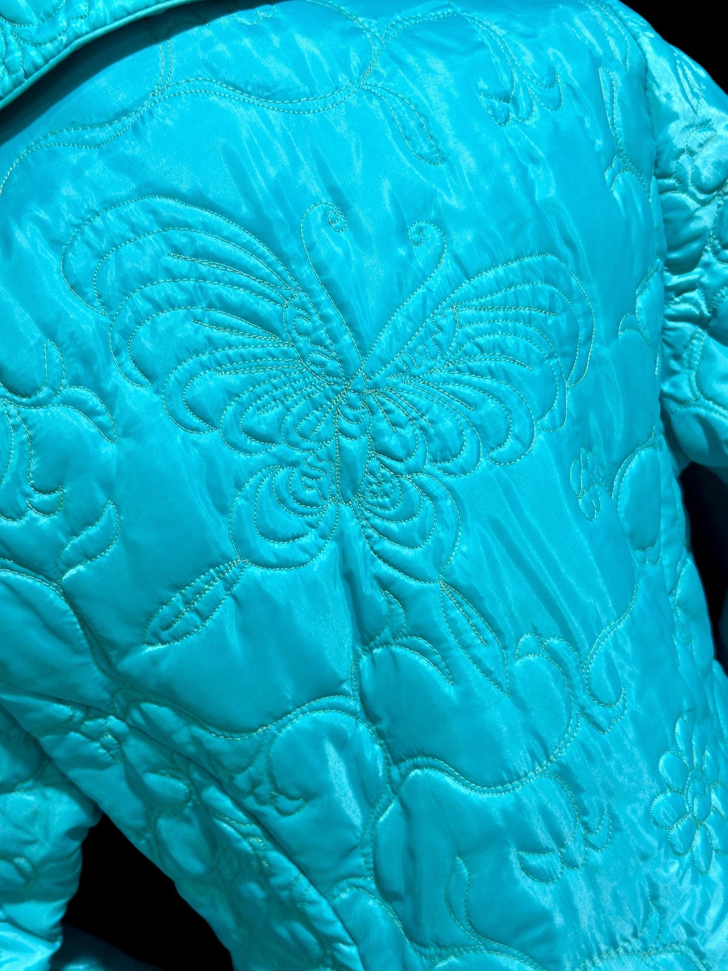 BARBARA LEE Made in Hong Kong, vintage house coat, turquoise blue quilted butterflies button front dressing gown robe