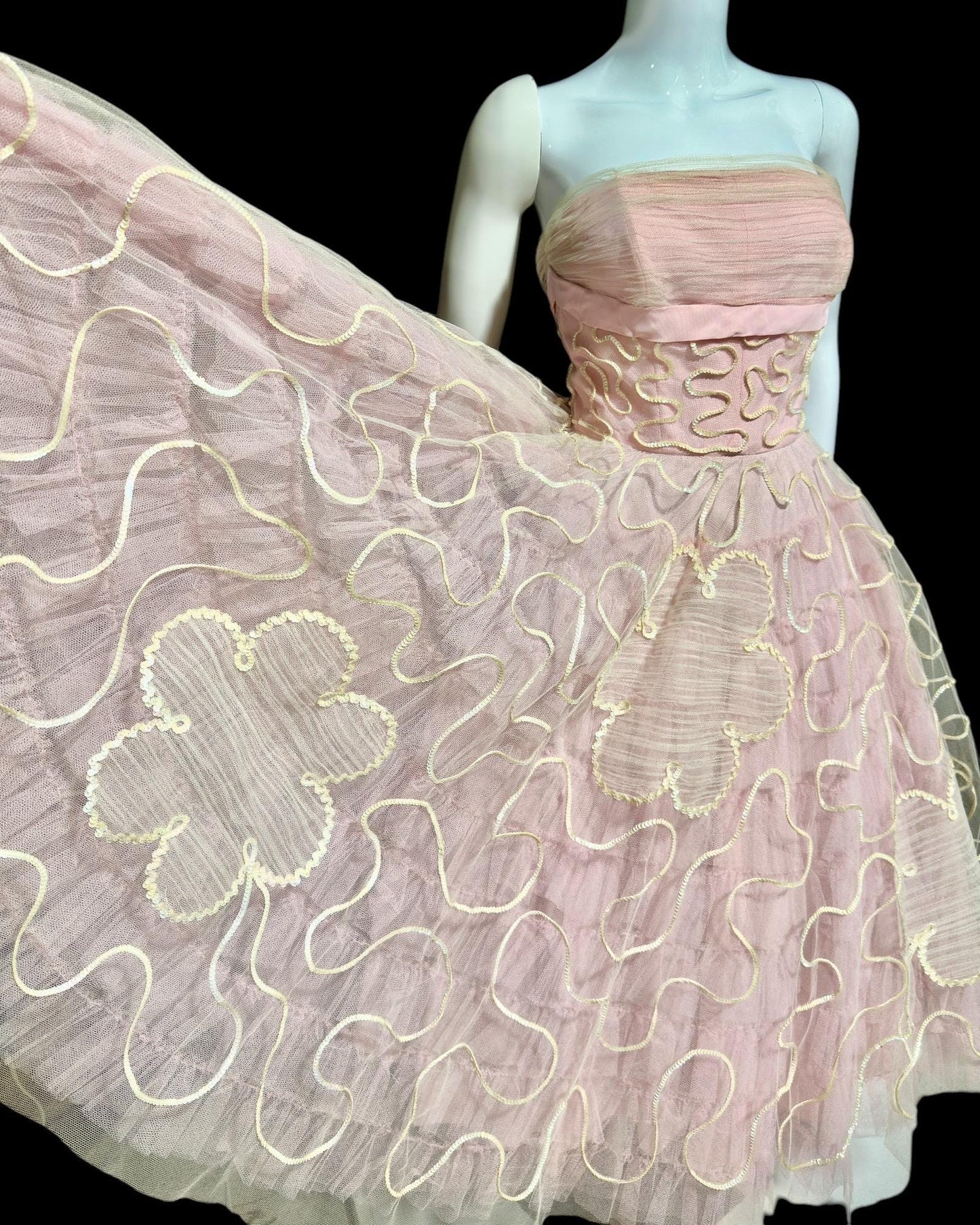 WILL STEINMAN, vintage 1950s Pink tulle and sequins prom dress, cupcake meringue tea length gown