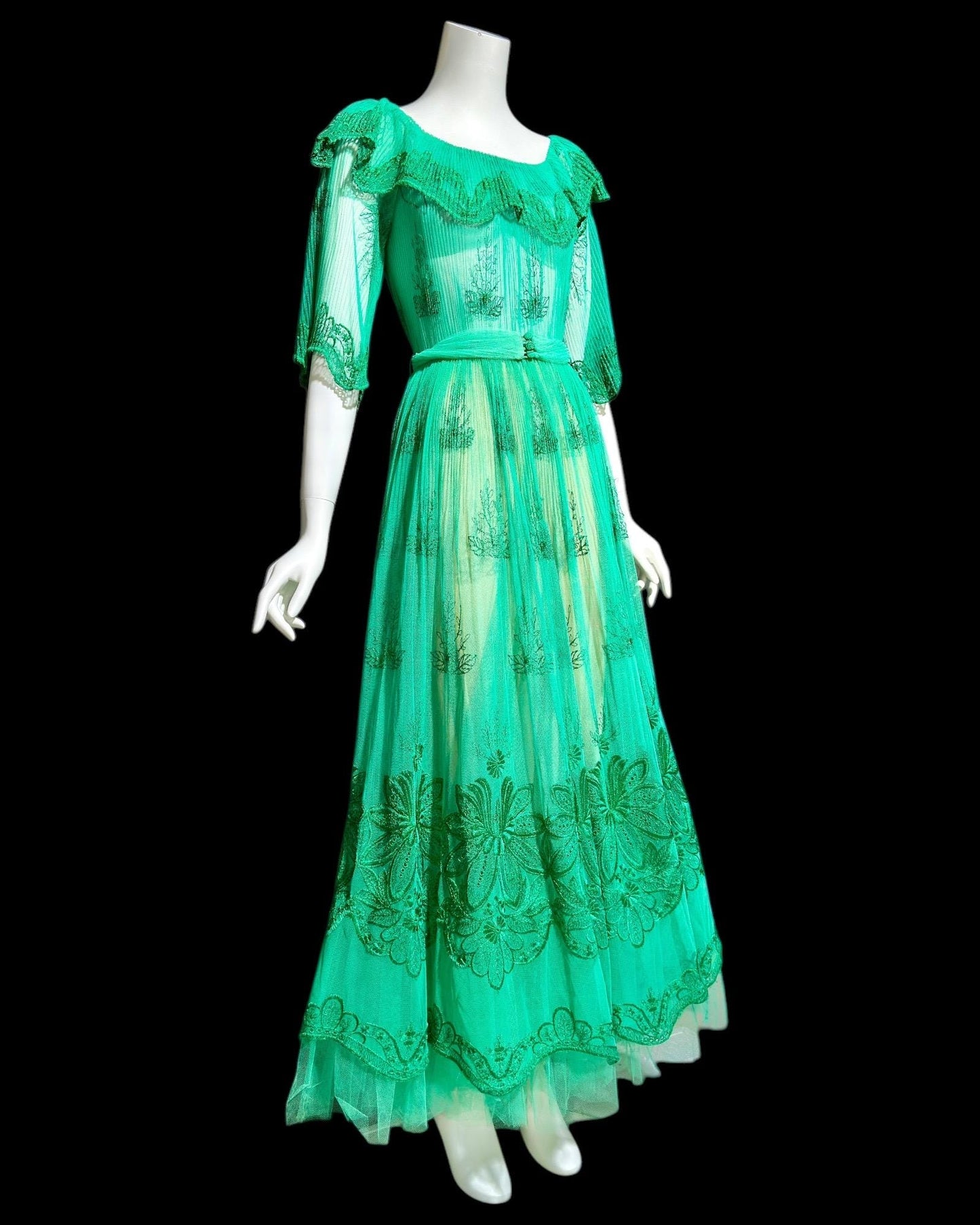 FRANK USHER vintage 1970s green embroidered net gown, ruffle neckline, full sweep party dress