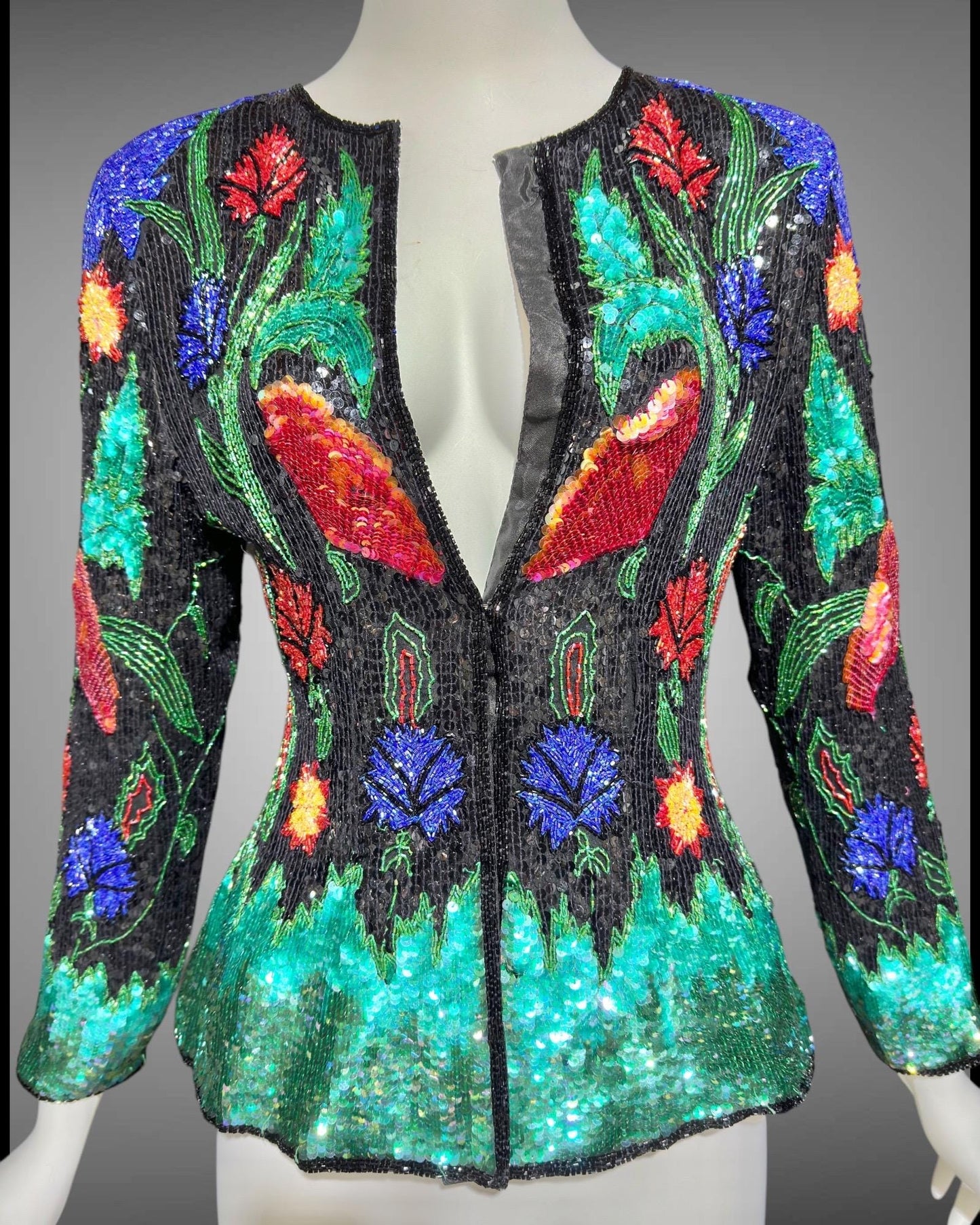 1980s vintage Evening jacket, vibrant jewel tone sequins princess cut elegant cocktail party jacket blouse top