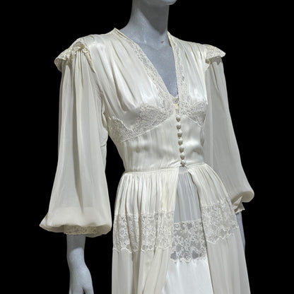 LADY DUFF Vintage 1940s Nightgown Robe Set, Bridal White Peignoir Dressing Gown & Slip Lingerie Dress