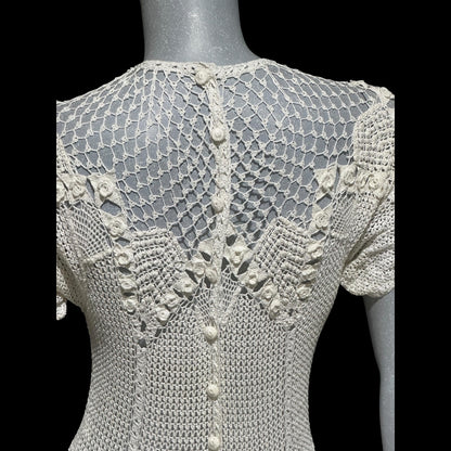 1970s vintage white crochet dress, all cotton blouson shirtdress, midi length
