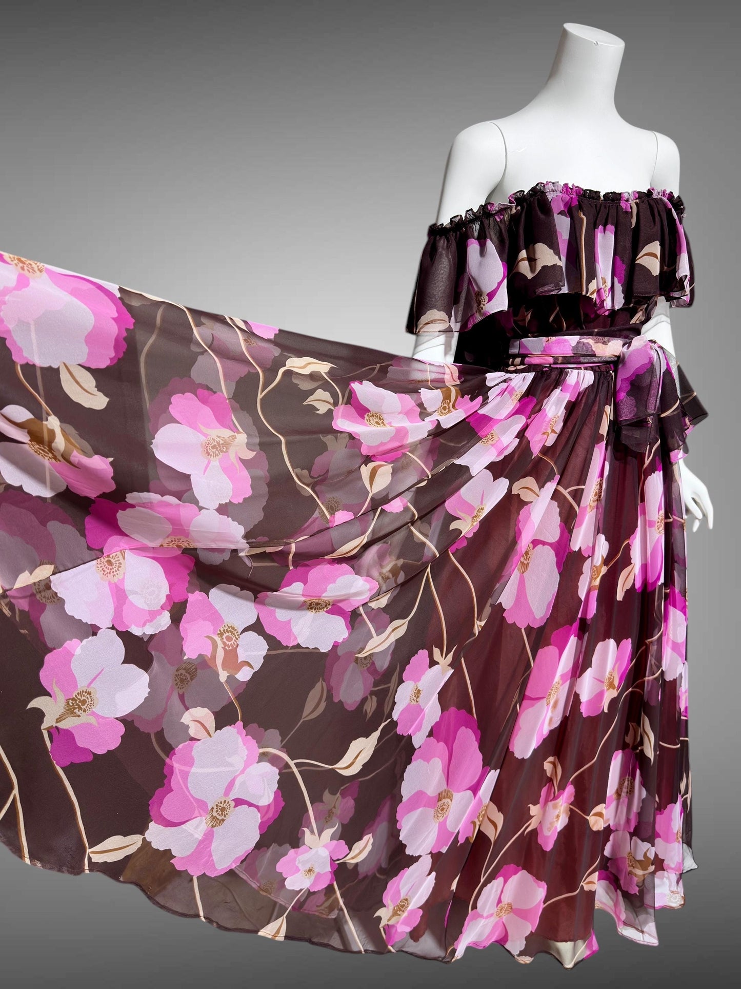 MIGNON New York, vintage 1970s Chocolate Brown Hot Pink Floral Chiffon evening gown