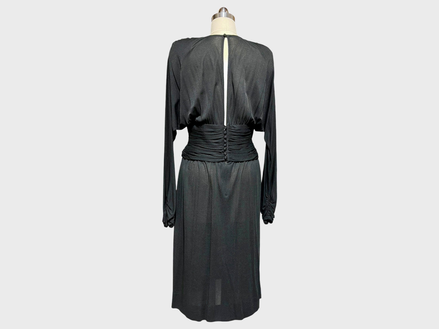 ADELE SIMPSON 1980s vintage evening dress, Sheer Black cocktail party dress, Batwing Sleeves, Keyhole Back