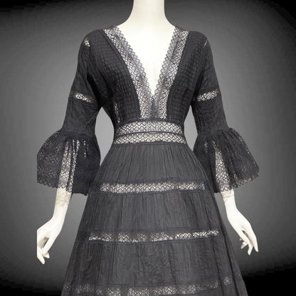 1970s vintage Mexican Wedding dress, Black cotton blend Deep V ball gown, long bell Sleeves, Maxi Hippie Bohemian gown