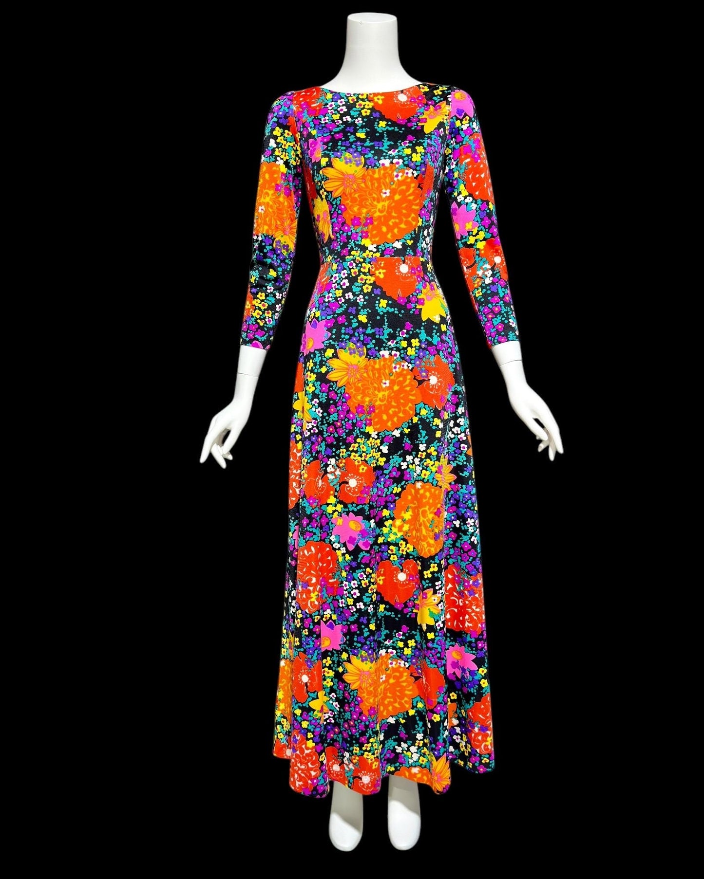 MARVELLA SCREEN PRINT, vintage 1960s neon floral maxi dress, Bold floral psychedelic dress with long sleeves